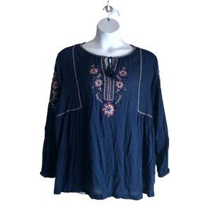 Sonoma Women's Peasant Blouse Plus 3X Floral Embroidered Blue Bohemian Long Slv